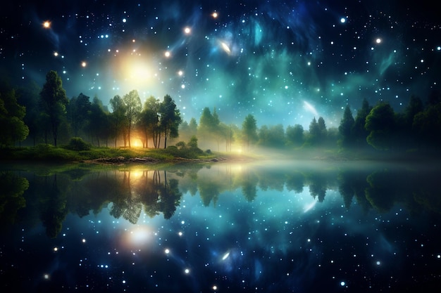 Full moon in night sky with stars and clouds above trees and pond reflecting starlight