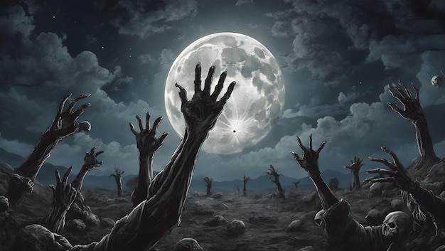 A full moon night sky with zombie hands reaching out from the ground illustration