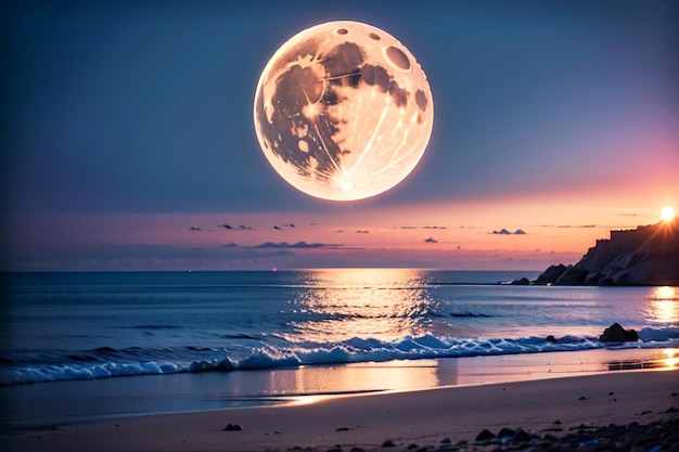 A full moon over the ocean at sunset