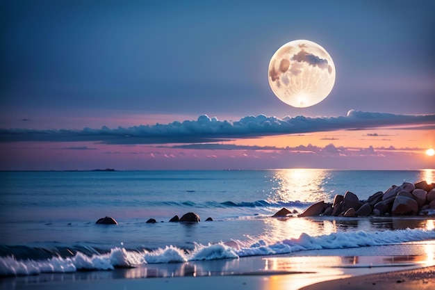 A full moon over the ocean with a beach in the foreground.