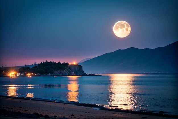 A full moon over the ocean with a mountain in the background