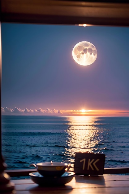 A full moon over the ocean with a sign that says'kaya '