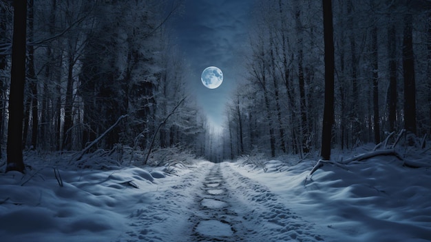 Full moon over path in the winter forest with copy