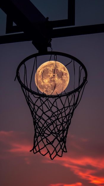 Foto la luna piena perfettamente allineata con un cerchio da basket al crepuscolo