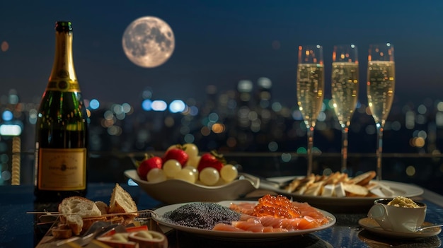 A full moon picnic on a rooftop with a panoramic view of the city skyline while indulging in a