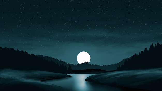 Full moon in pine forest illustration