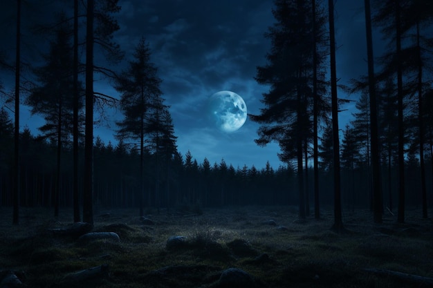 Foto luna piena sopra la foresta di pini di notte