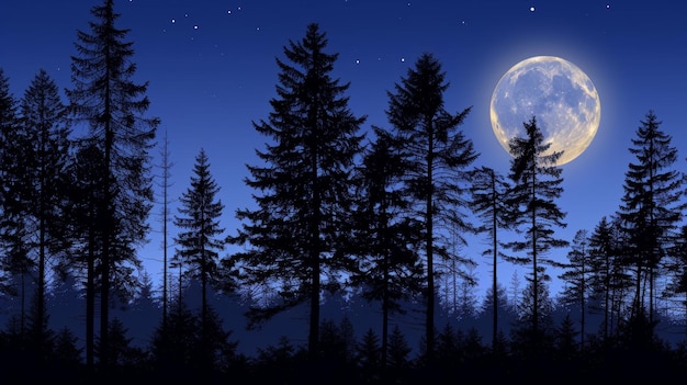Full moon over pine forest at night