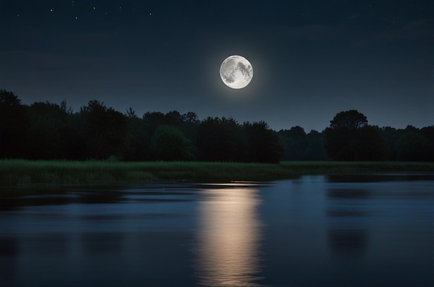 Full moon reflected in a calm river