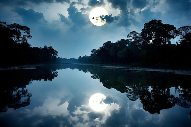 Полная луна отражается в спокойной реке.