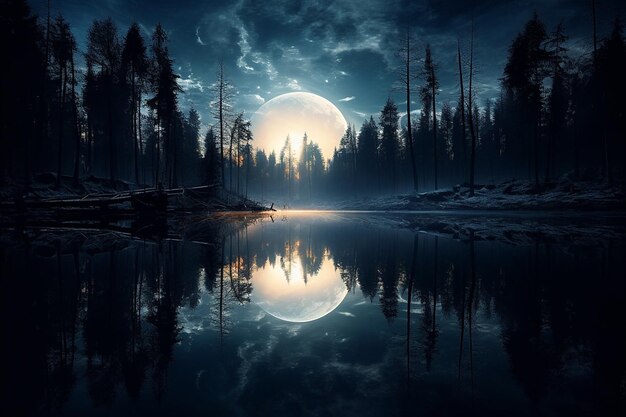 Full moon reflected in a glassy lake