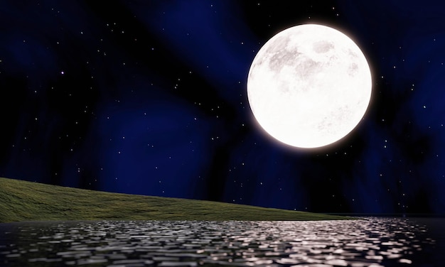 Full moon reflected on the surface of the sea or ocean the night of the 15th lunar day or the midautumn festival the stars fill the sky super moon golden yellow beautiful nature 3d rendering