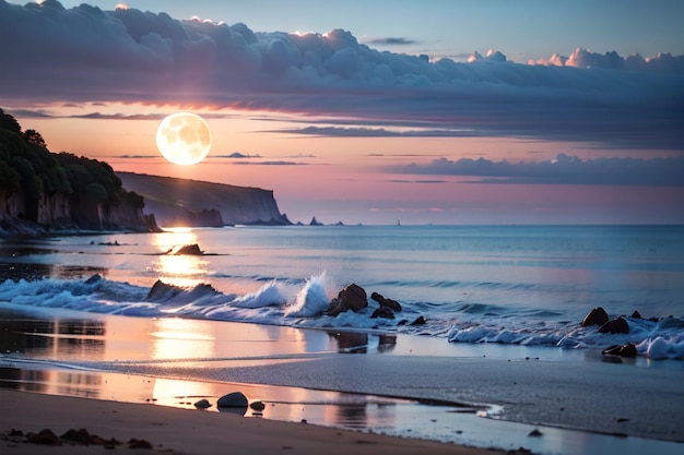 A full moon rises over the beach at the beach.