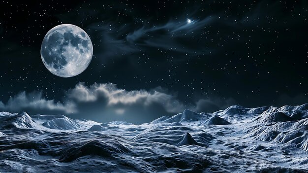 The full moon rises over a beautiful alien landscape The surface is covered in craters and mountains and the sky is filled with stars