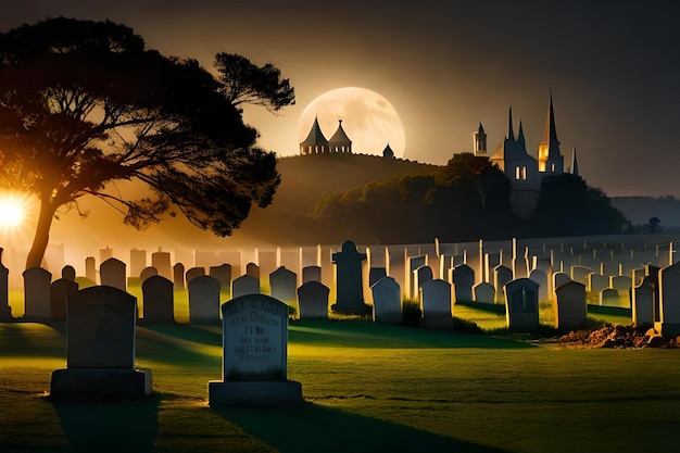 A full moon rises over a cemetery in the fog.