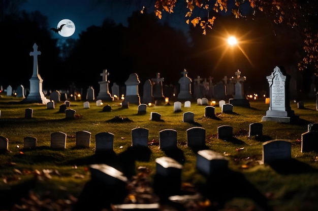 A full moon rises over a cemetery at night.