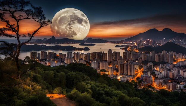 a full moon rises over a city and a city