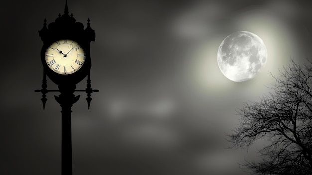 Photo the full moon rises over a clock tower in the center of a spooky town the clock reads midnight