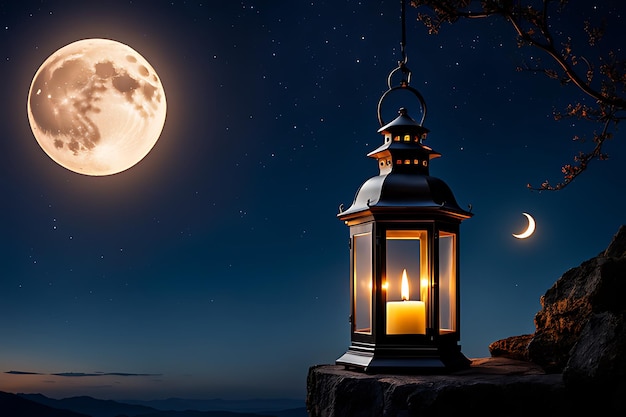 a full moon rises over a lantern and a tree branch