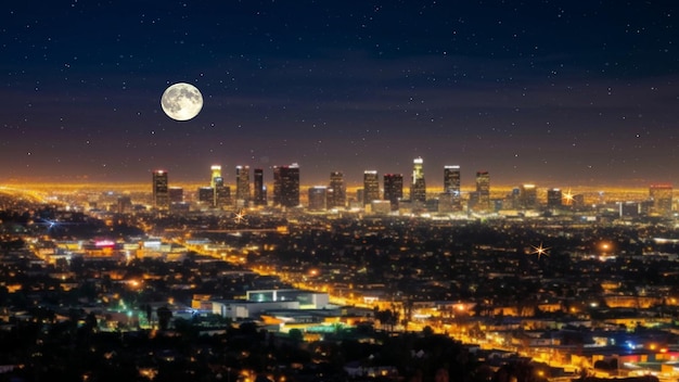 A full moon rises over the los angeles skyline