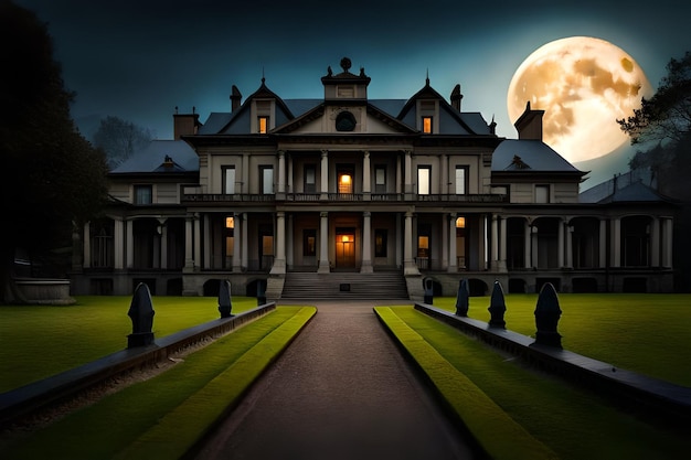 A full moon rises over a mansion with a large house in the background.