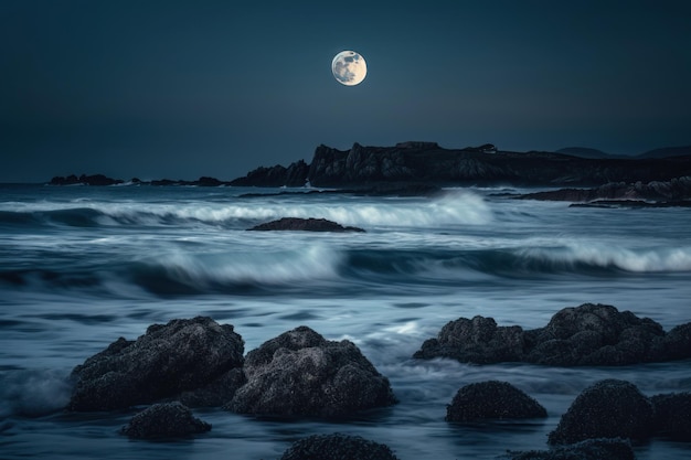 A full moon rises over the ocean and rocks.