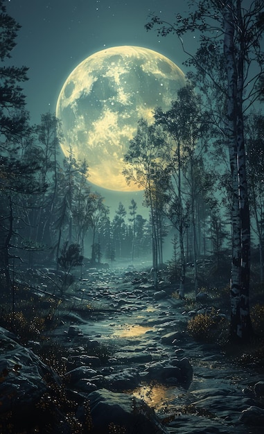 Full moon rises over stream in forest