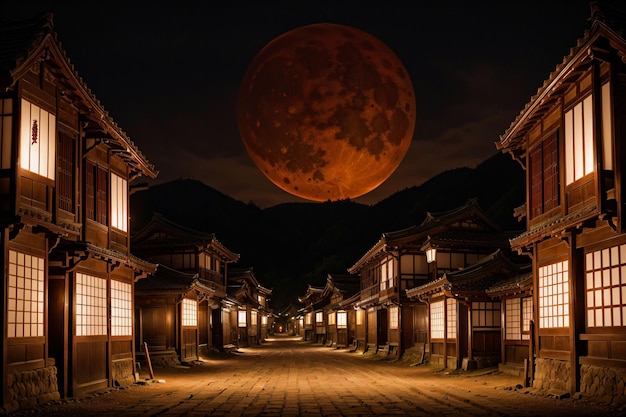 Photo a full moon rises over a street with a full moon in the background.