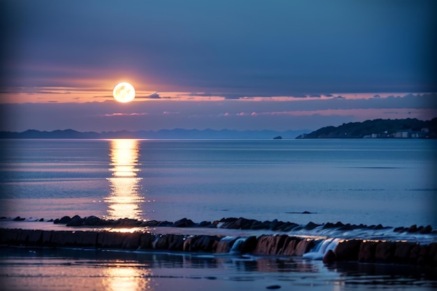 A full moon rises over the water at the beach.