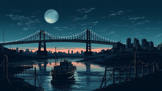 A full moon rising over a city bridge digital art illustration