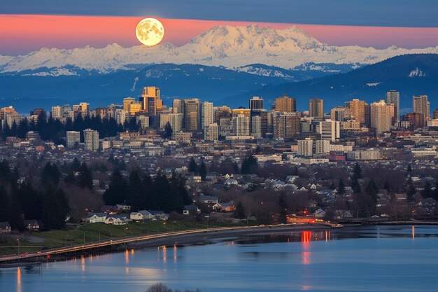 Full moon rising over a city skyline