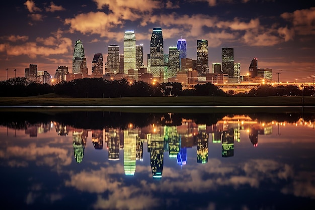 Full moon rising behind a city skyline