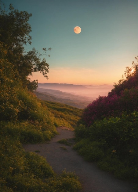 a full moon rising over a mountain and a trail
