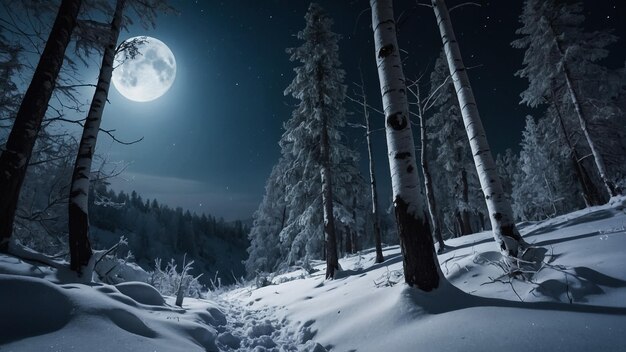 full moon rising above night snowbound pine tree forest glade natural seasonal background