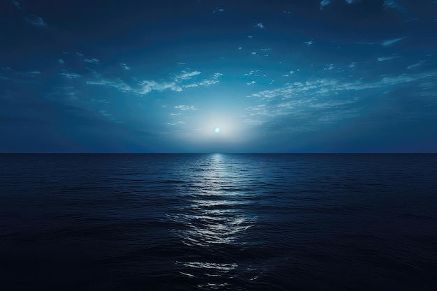 写真 夜に空の海の上に満月が昇り,様々な用途に十分なコピースペースを提供します