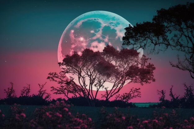 春の夜にピンクとブルーの空に昇る満月