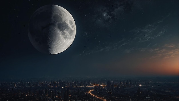 A full moon rising over a rocky landscape