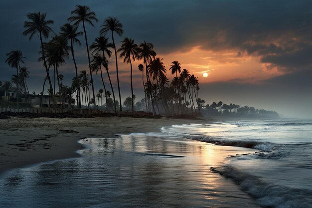 Full moon rising behind a row of palm trees