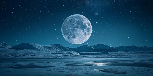 Full moon rising over a snowy mountain landscape