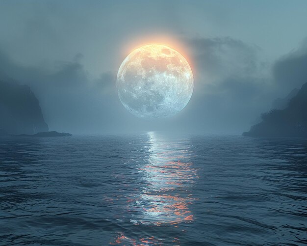 A full moon rising over a tranquil sea