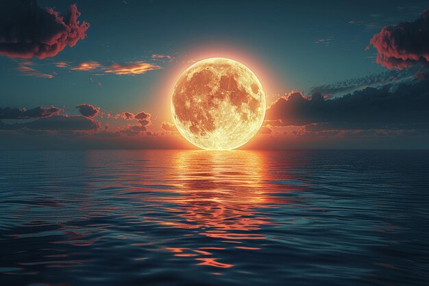 Photo a full moon rising over a tranquil sea