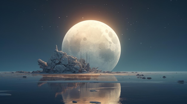 a full moon over a rocky landscape