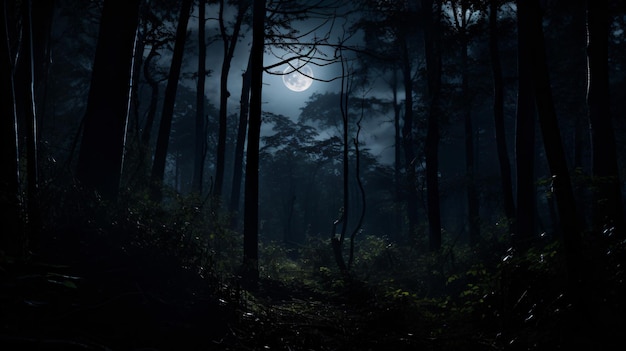 A full moon seen through the trees in a forest