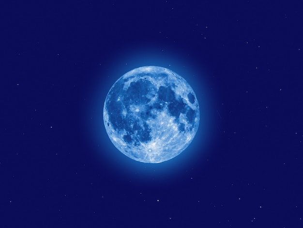 Full moon seen with telescope, starry sky