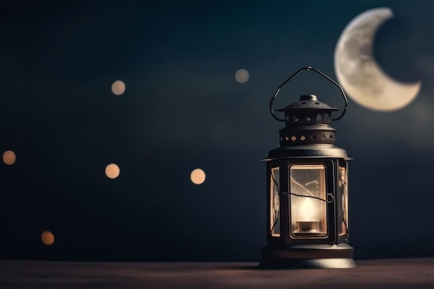 A full moon shines over a lantern