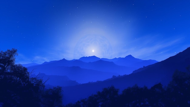 a full moon shines over the mountains