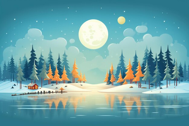 Full moon shining over frozen lake with pine trees