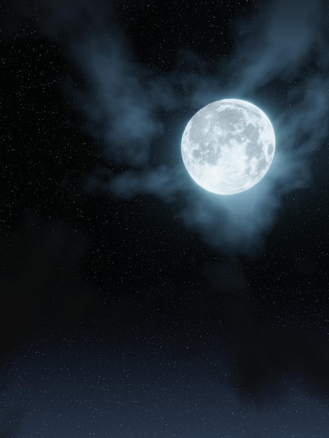Полная луна сияющий ореол несколько белых облаков Плывут ночное небо Полнолуние ночь с мерцающими звездами