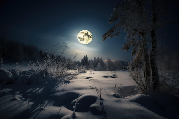 Full moon shining over snowy landscape created with generative ai