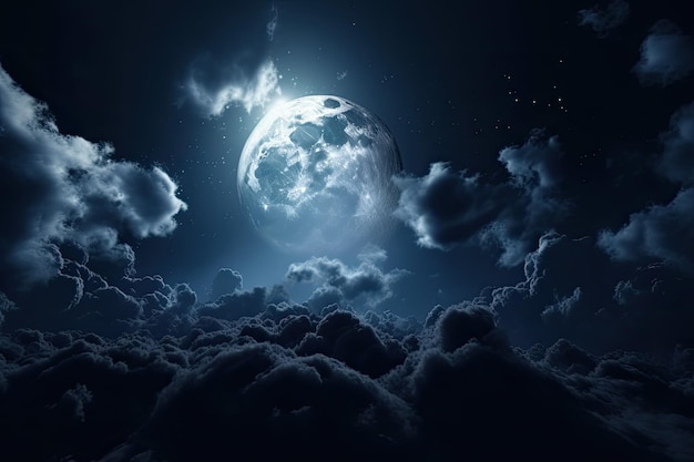 Full moon shining through clouds in the night sky Generative AI